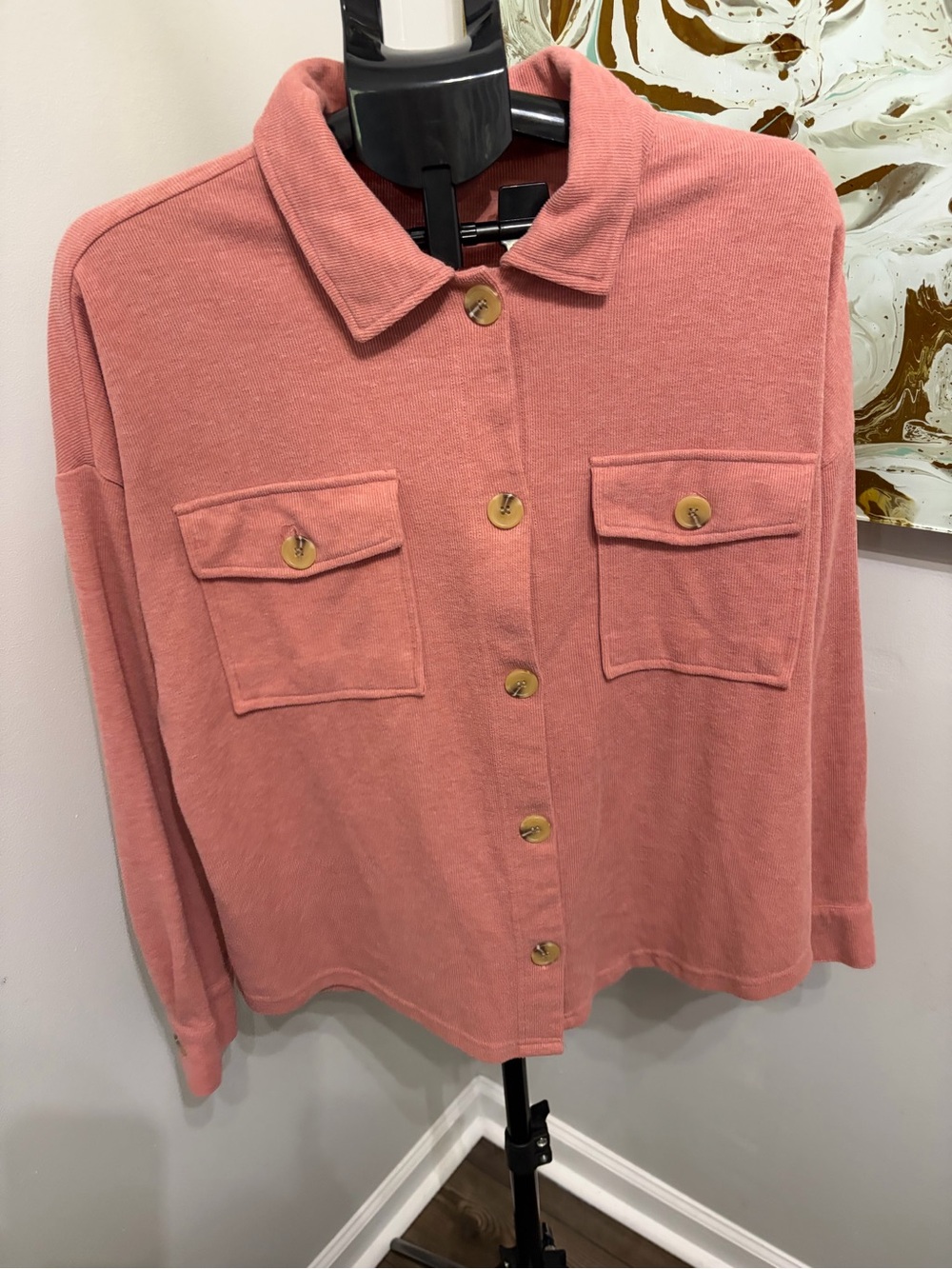 Hippie Rose Washed Pink Ribbed Knit Button-Down Shacket / Top - Size L